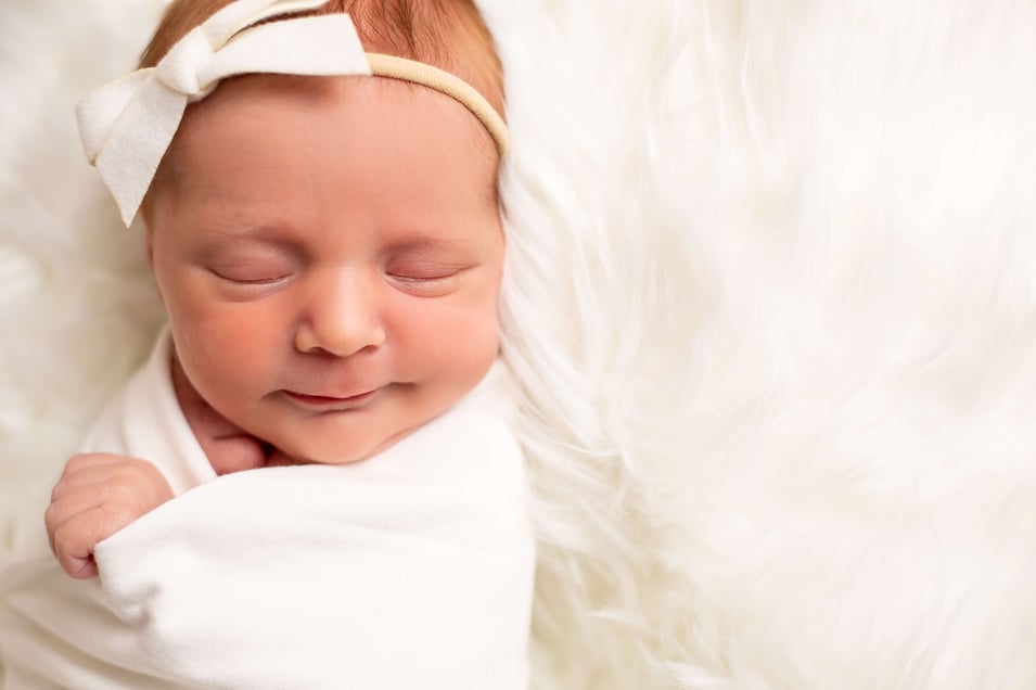 newborn girl snuggled in white blanket and bow